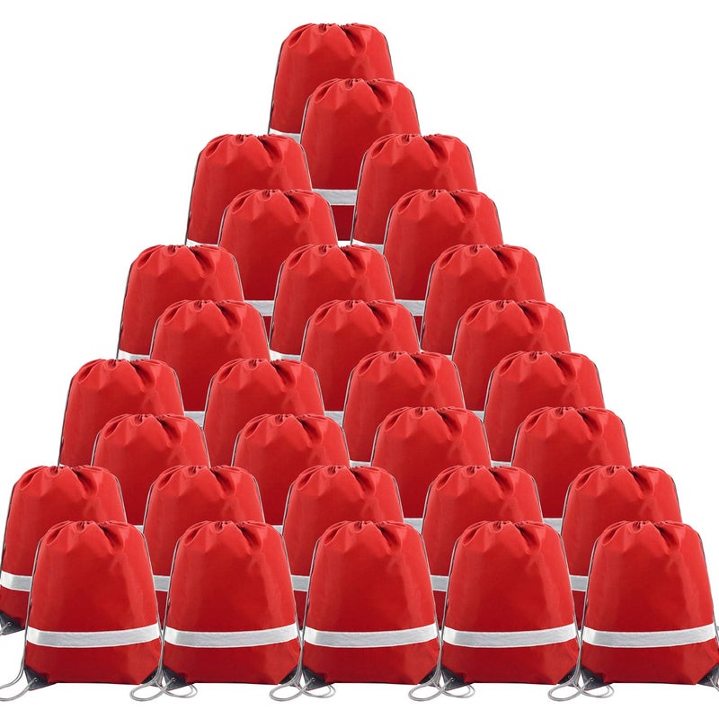 BeeGreen 30 Pieces Red Drawstring Bags Bulk String Backpacks, Cinch Sacks for Gym Sport Trip, Reflective Strips DIY for Women and Men - Image 1